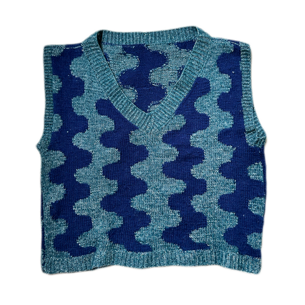 Squiggly Vest Pattern, squiggly vest prototype flatlay, in navy and petrol, handmade, colourwork knit, v neck vest, spencer, sweater vest