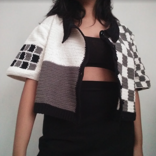 grey and black block them blouse crochet pattern button up